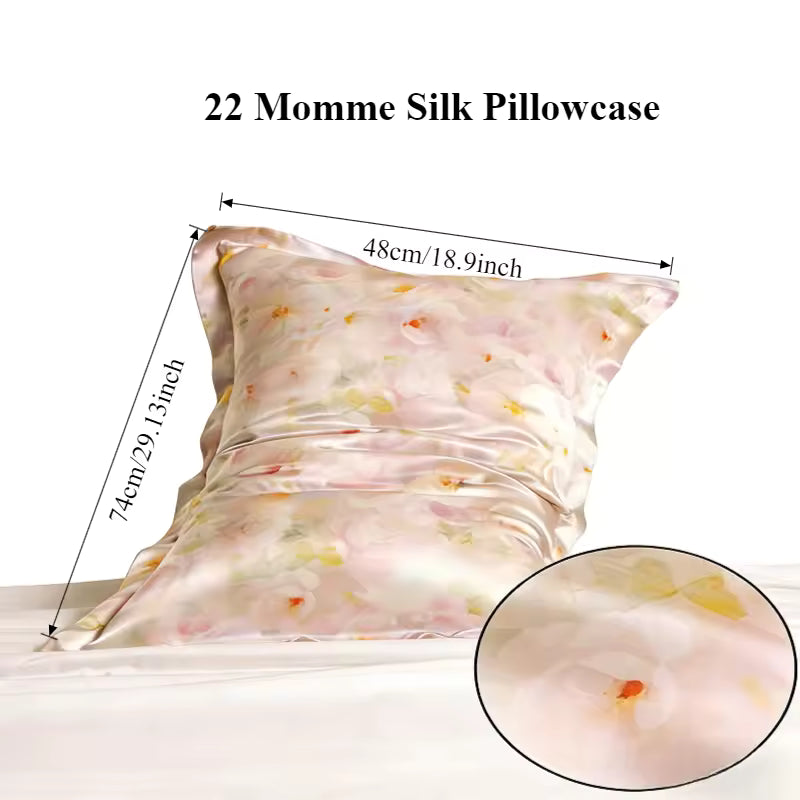 22 Momme peach floral silk pillowcase with measurements: 48cm/18.9in x 74cm/29.13in.