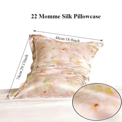 22 Momme peach floral silk pillowcase with measurements: 48cm/18.9in x 74cm/29.13in.