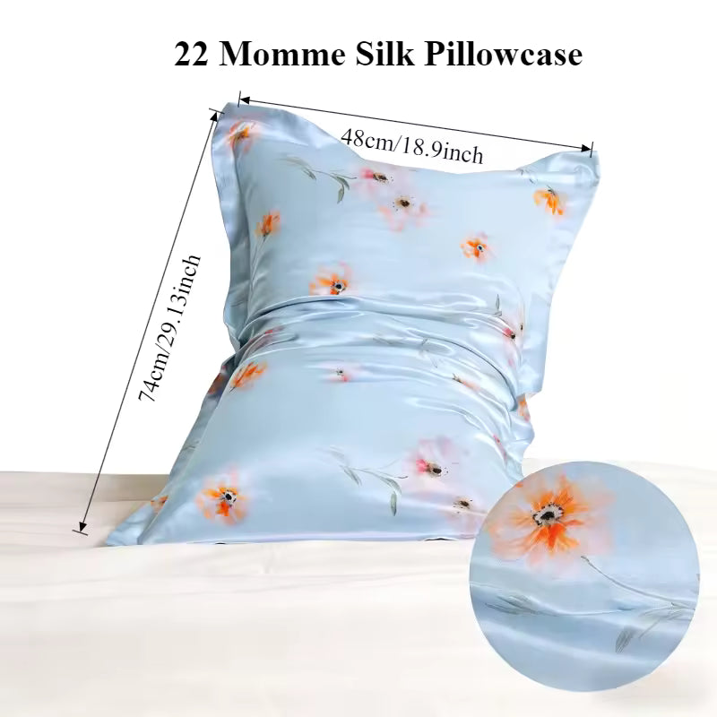 22 Momme light blue floral silk pillowcase with measurements: 48cm/18.9in x 74cm/29.13in.