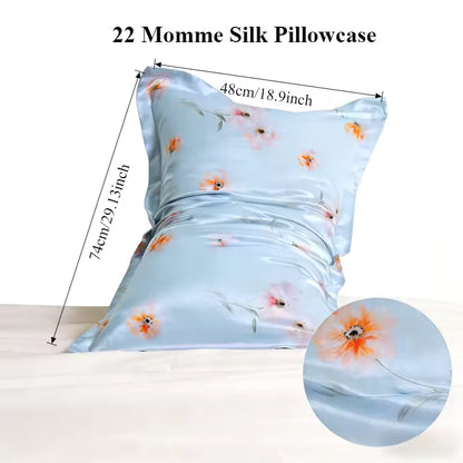22 Momme light blue floral silk pillowcase with measurements: 48cm/18.9in x 74cm/29.13in.