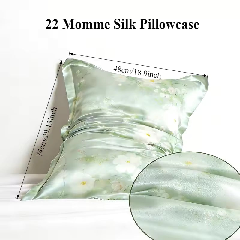 22 Momme sage green floral silk pillowcase with measurements: 48cm/18.9in x 74cm/29.13in.