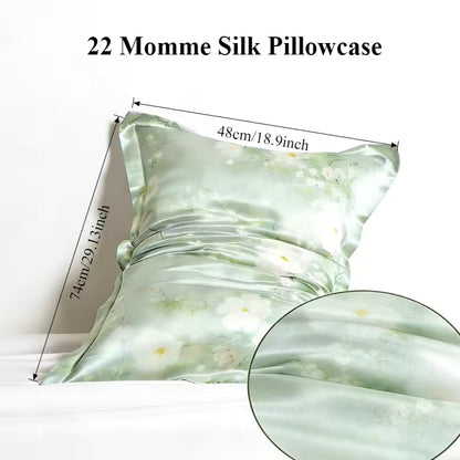 22 Momme sage green floral silk pillowcase with measurements: 48cm/18.9in x 74cm/29.13in.
