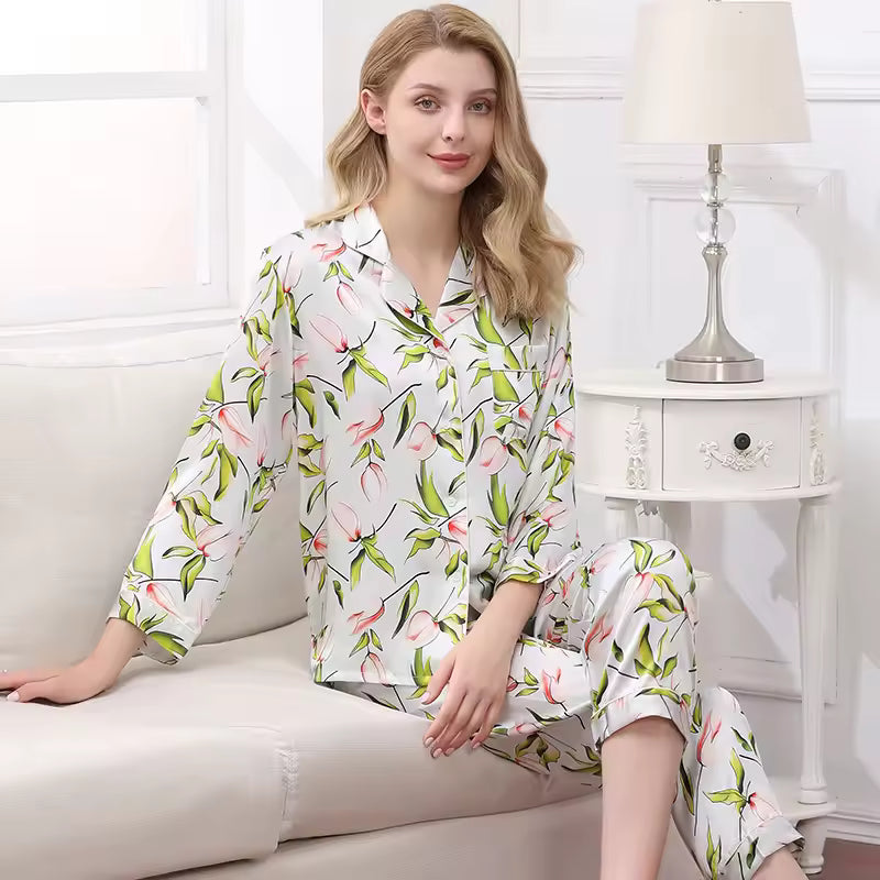 Women’s 16 Momme 100% Mulberry Silk Printed Pyjama Set (SB35)