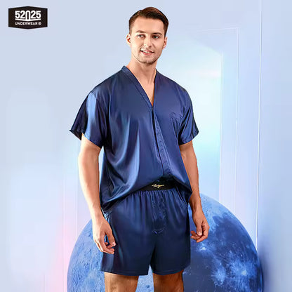 Men’s 100% Mulberry Silk Blue Pyjama Set, 19 Momme (SB42)