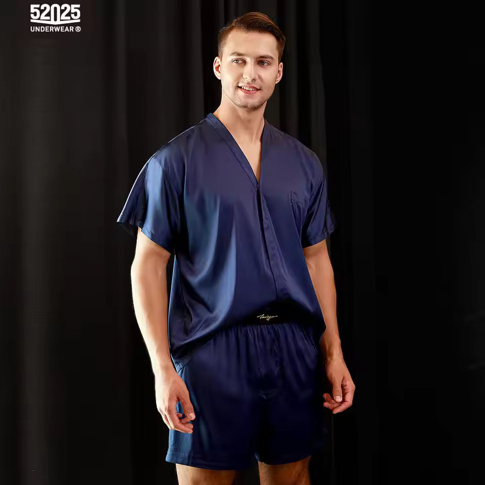 Men’s 100% Mulberry Silk Blue Pyjama Set, 19 Momme (SB42)