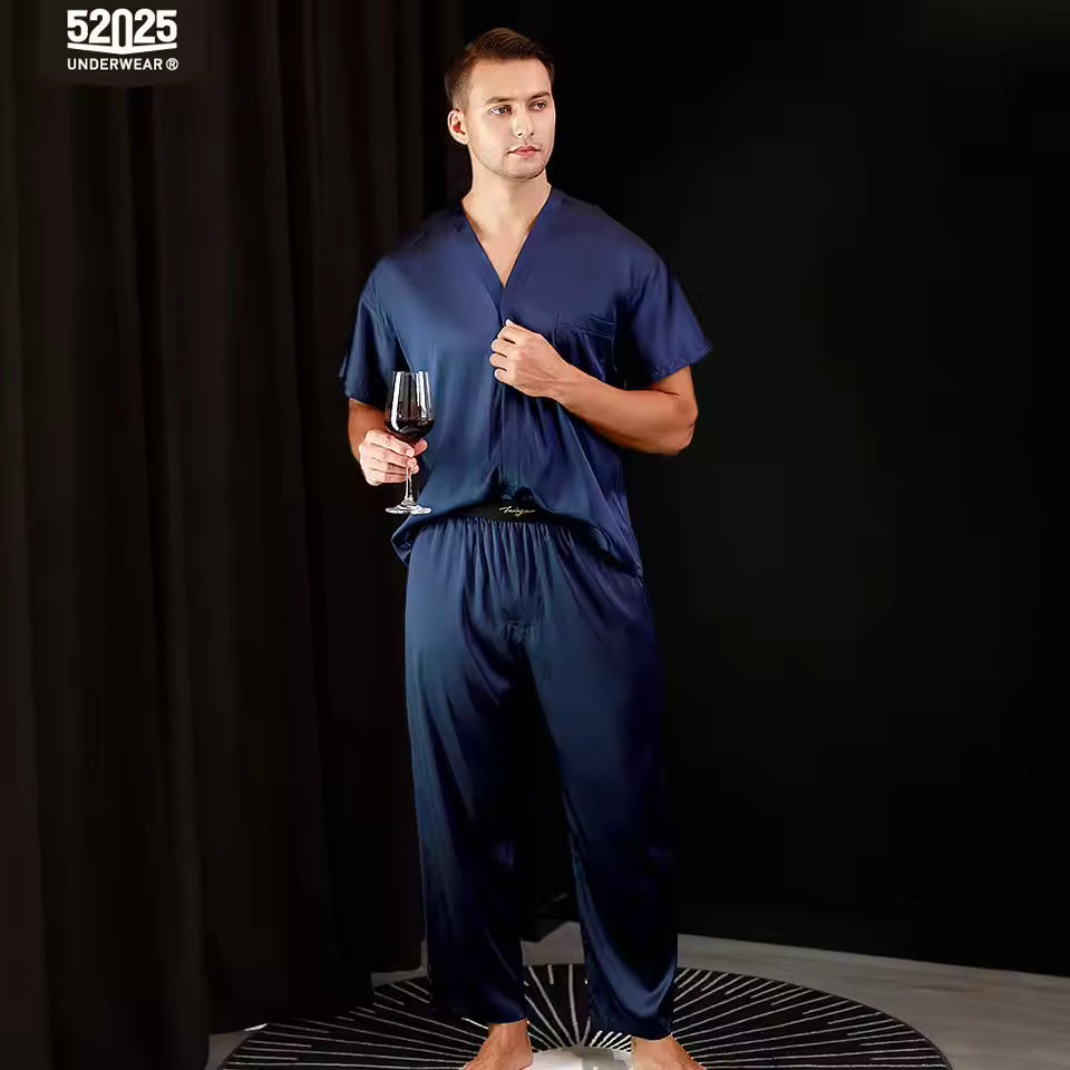 Men’s 100% Mulberry Silk Blue Pyjama Set, 19 Momme (SB42)