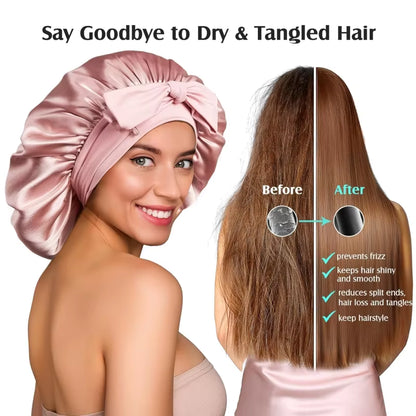 Woman wearing a pink silk hair bonnet beside a before-and-after showing frizzy vs smooth hair.