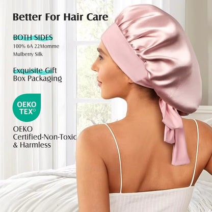 Woman wearing a dusty pink silk hair bonnet tied at the back.