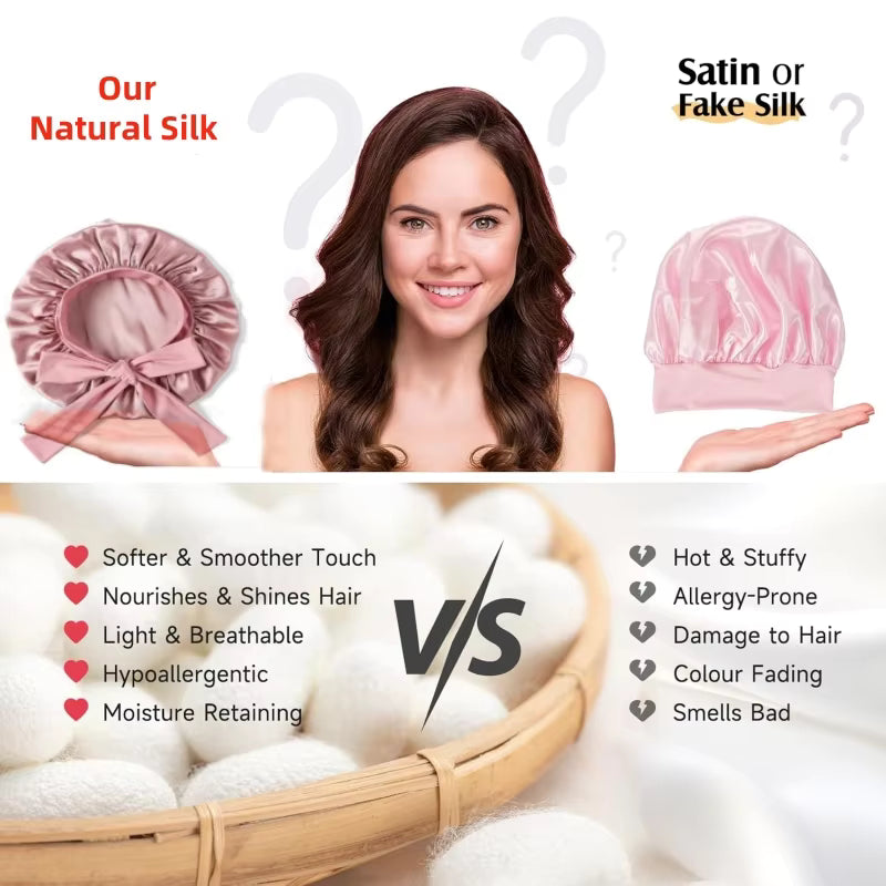 Comparison graphic of a natural silk hair bonnet versus a synthetic satin bonnet.
