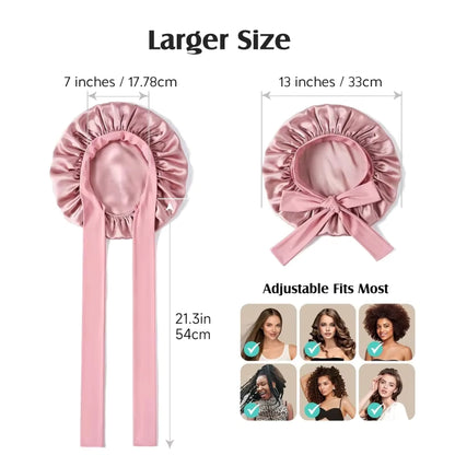 Pink adjustable silk bonnet with size dimensions and photos of various hair types.
