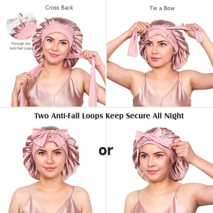 Four-panel guide showing how to secure a pink silk bonnet with anti-fall loops and tie a bow.