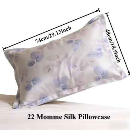 Dimension diagram for a 22 Momme silk pillowcase with a purple leaf print.