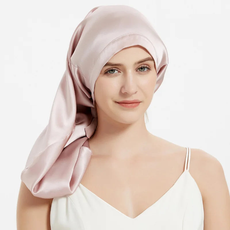 100% Mulberry Silk Long Sleep Bonnet – Adjustable Tie Band for Braids, Curls & Dreadlocks (SB20)