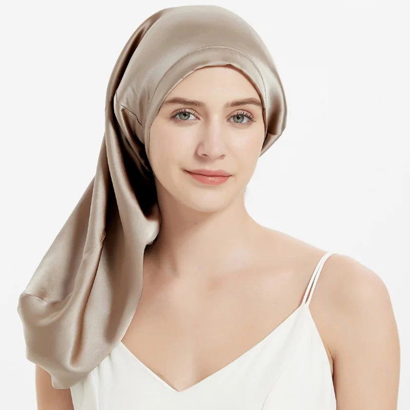 100% Mulberry Silk Long Sleep Bonnet – Adjustable Tie Band for Braids, Curls & Dreadlocks (SB20)