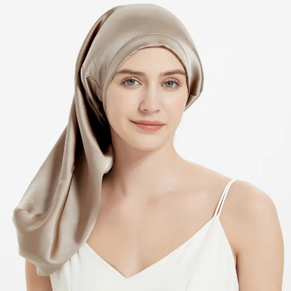 100% Mulberry Silk Long Sleep Bonnet – Adjustable Tie Band for Braids, Curls & Dreadlocks (SB20)