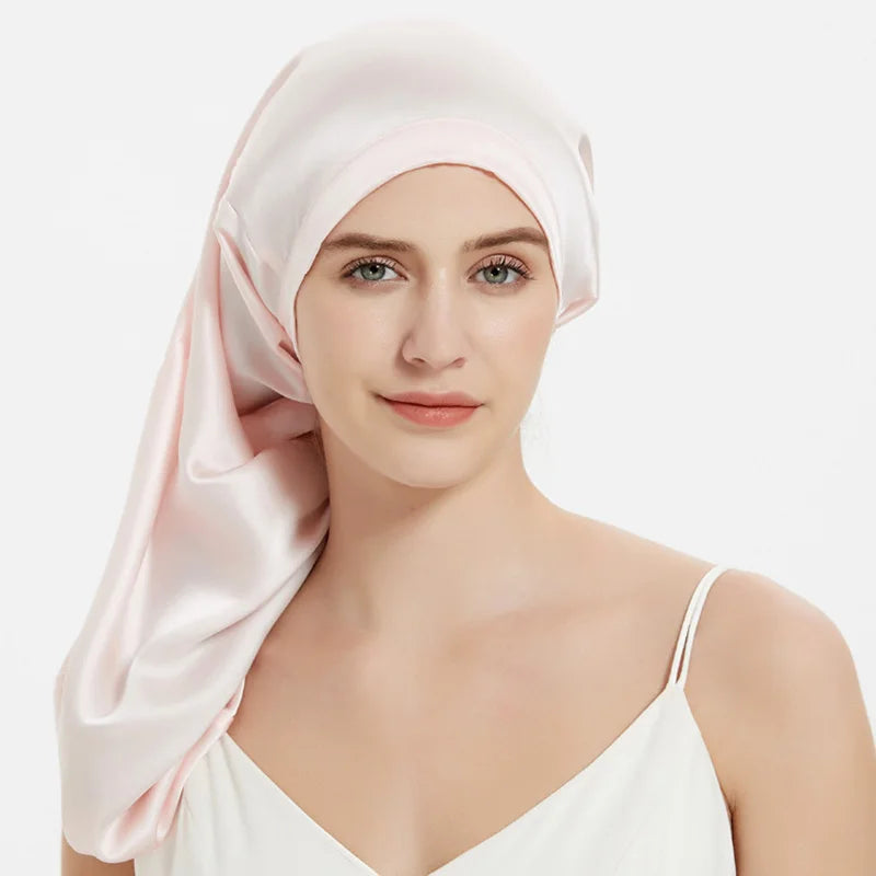 100% Mulberry Silk Long Sleep Bonnet – Adjustable Tie Band for Braids, Curls & Dreadlocks (SB20)