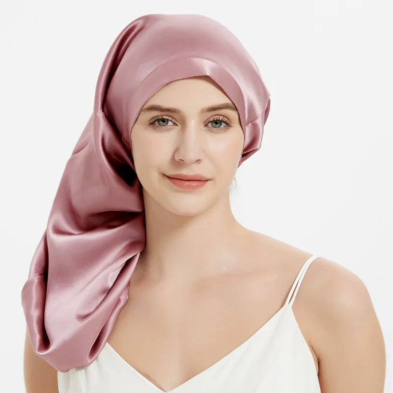 100% Mulberry Silk Long Sleep Bonnet – Adjustable Tie Band for Braids, Curls & Dreadlocks (SB20)