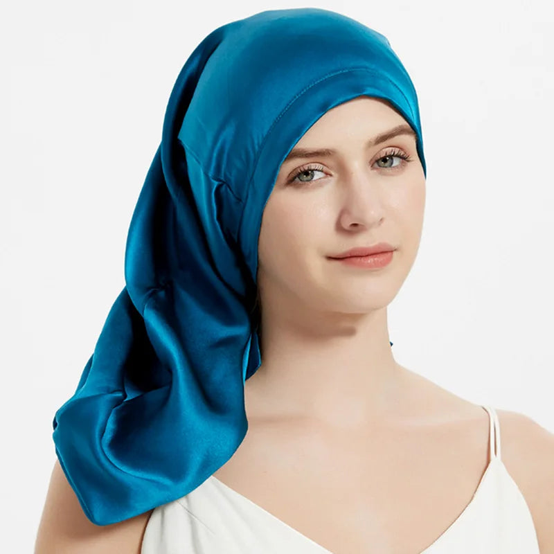 100% Mulberry Silk Long Sleep Bonnet – Adjustable Tie Band for Braids, Curls & Dreadlocks (SB20)