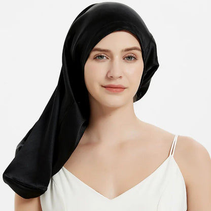 100% Mulberry Silk Long Sleep Bonnet – Adjustable Tie Band for Braids, Curls & Dreadlocks (SB20)