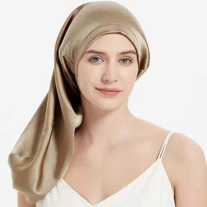 100% Mulberry Silk Long Sleep Bonnet – Adjustable Tie Band for Braids, Curls & Dreadlocks (SB20)