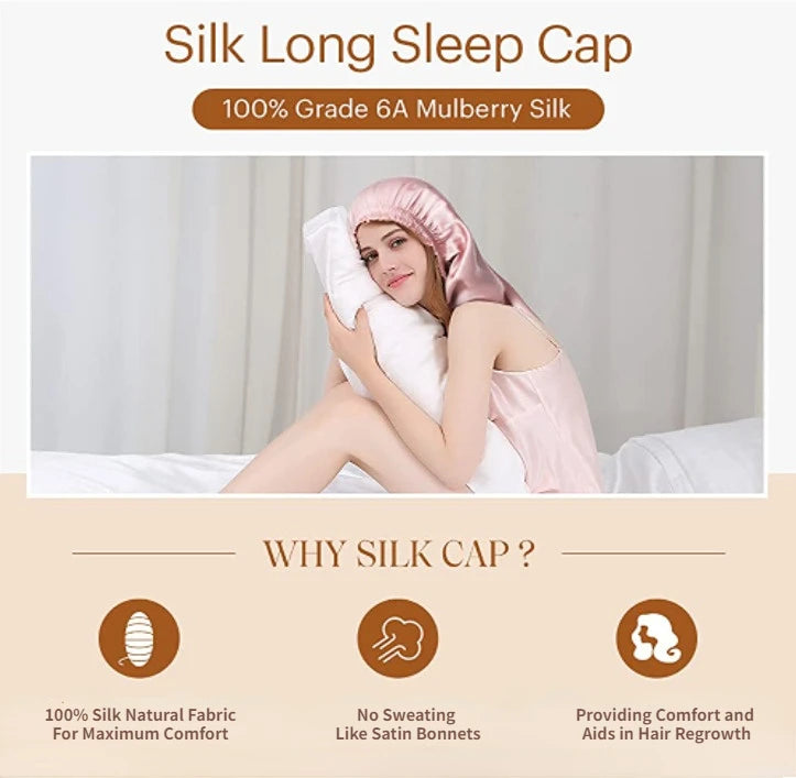 100% Mulberry Silk Long Anti-Frizz Sleep Bonnet (SB28)