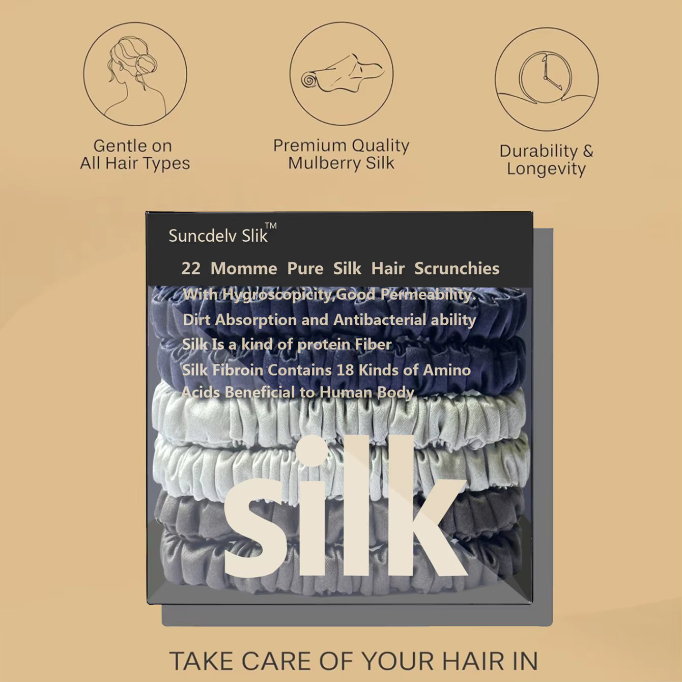 100% Mulberry Silk Scrunchie Set, 6 Pack, 22 Momme  (SB21)