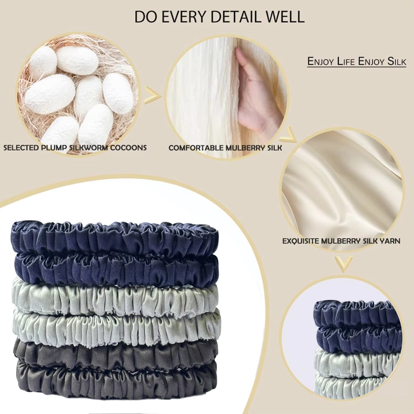 100% Mulberry Silk Scrunchie Set, 6 Pack, 22 Momme  (SB21)