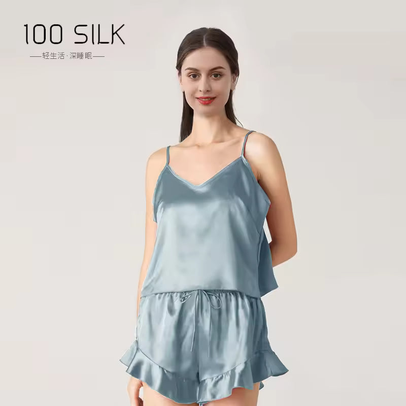 Women’s 19 Momme 100% Mulberry Silk Ruffle Pyjama Set (SB40)