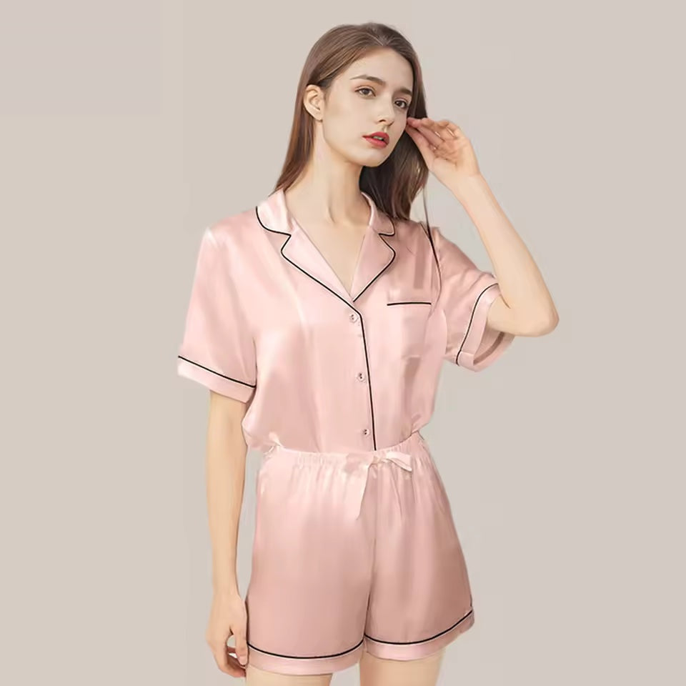 Women’s 100% Mulberry Silk Pajama Short Set, 19 Momme (SB41)
