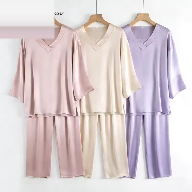Women's 100% Mulberry Silk V-Neck Pajama Set, 20 Momme (SB37)