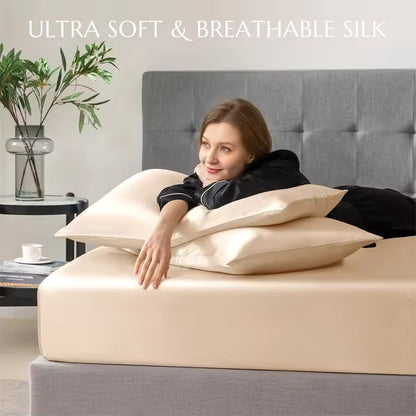 3-Piece Mulberry Silk Fitted Sheet Set with 2 Pillowcases (SB49)