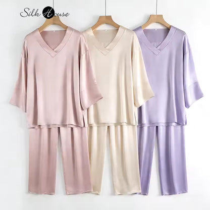 Women's 100% Mulberry Silk V-Neck Pajama Set, 20 Momme (SB37)