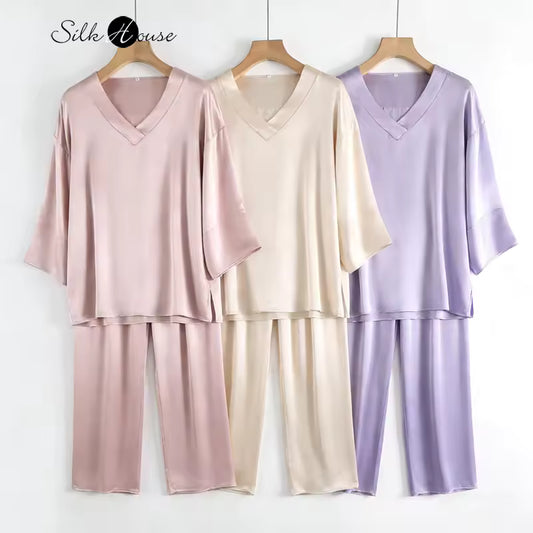 Women's 100% Mulberry Silk V-Neck Pajama Set, 20 Momme (SB37)
