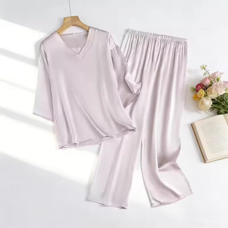 Women's 100% Mulberry Silk V-Neck Pajama Set, 20 Momme (SB37)