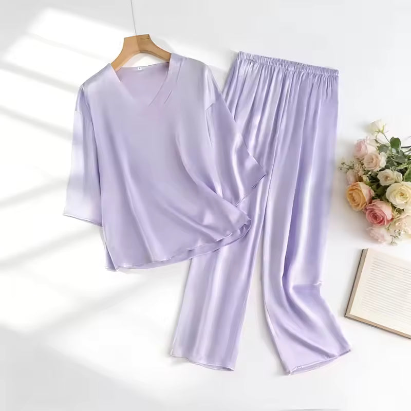 Women's 100% Mulberry Silk V-Neck Pajama Set, 20 Momme (SB37)