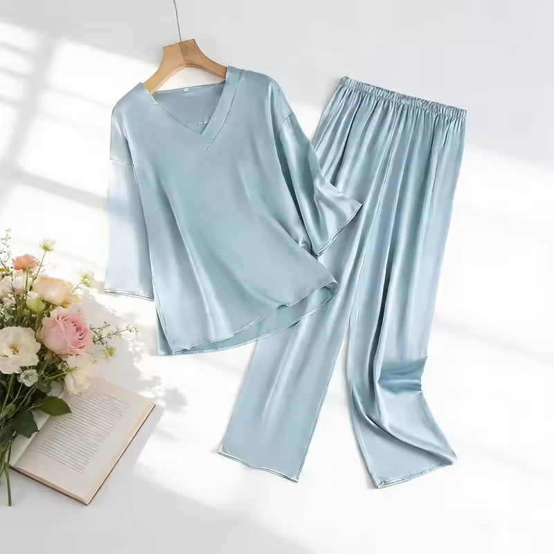 Women's 100% Mulberry Silk V-Neck Pajama Set, 20 Momme (SB37)