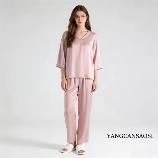 Women's 100% Mulberry Silk V-Neck Pajama Set, 20 Momme (SB37) – main product view