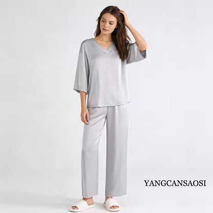 Women's 100% Mulberry Silk V-Neck Pajama Set, 20 Momme (SB37)