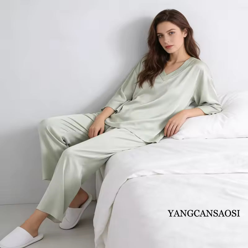 Women's 100% Mulberry Silk V-Neck Pajama Set, 20 Momme (SB37)