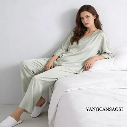 Women's 100% Mulberry Silk V-Neck Pajama Set, 20 Momme (SB37)