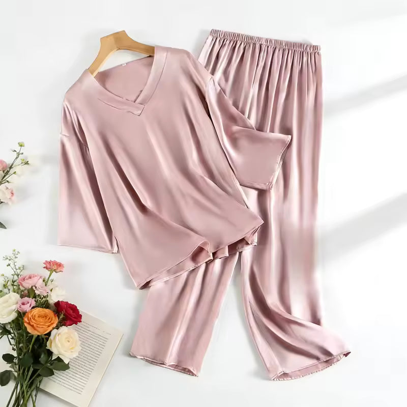 Women's 100% Mulberry Silk V-Neck Pajama Set, 20 Momme (SB37)